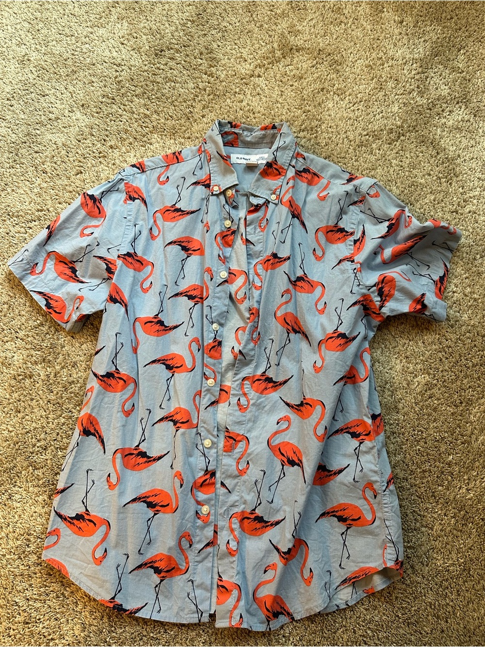Old Navy Light Blue Short-Sleeve Button-Up Shirt with Pink Flamingo Print
